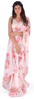 Women'S Cream Georgette Floral Print Saree With Blouse 1
