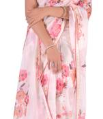Women'S Cream Georgette Floral Print Saree With Blouse