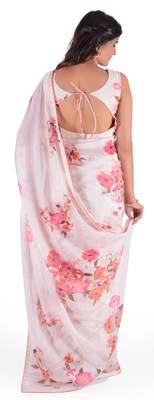 Women'S Cream Georgette Floral Print Saree With Blouse 2