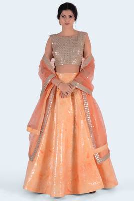 Orange Printed Art Silk Unstitched Lehenga Choli 1
