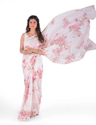Women'S Cream Georgette Floral Print Saree With Blouse 3