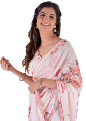 Women'S Cream Georgette Floral Print Saree With Blouse 4