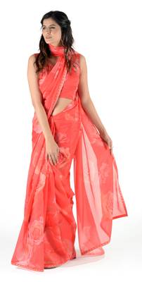 Women'S Red Georgette Floral Print Saree With Blouse 1