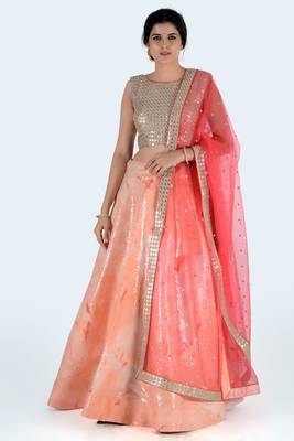 Peach Printed Art Silk Unstitched Lehenga Choli 1