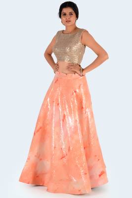Peach Printed Art Silk Unstitched Lehenga Choli 2