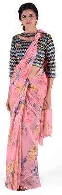 Women'S Pink Chiffon Floral Print Saree With Blouse 1