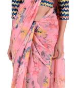 Women'S Pink Chiffon Floral Print Saree With Blouse