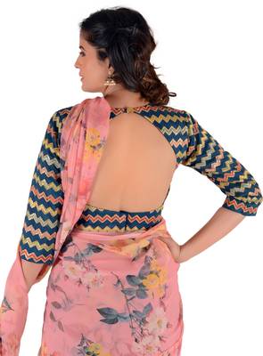 Women'S Pink Chiffon Floral Print Saree With Blouse 2