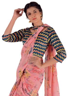 Women'S Pink Chiffon Floral Print Saree With Blouse 3