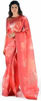Women'S Red Chanderi Chex Floral Print Saree With Blouse 1