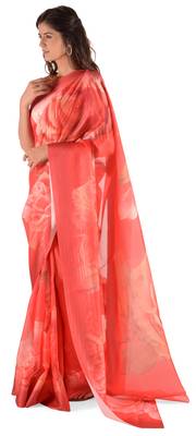 Women'S Red Chanderi Chex Floral Print Saree With Blouse 2