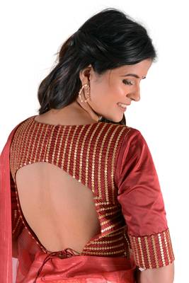Women'S Red Chanderi Chex Floral Print Saree With Blouse 3