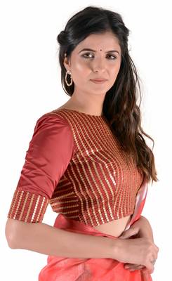 Women'S Red Chanderi Chex Floral Print Saree With Blouse 4