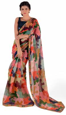 Women'S Multicolor Georgette Cocktail Print Saree With Blouse 1