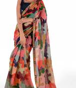 Women'S Multicolor Georgette Cocktail Print Saree With Blouse