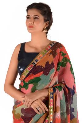 Women'S Multicolor Georgette Cocktail Print Saree With Blouse 3