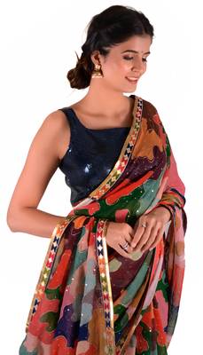 Women'S Multicolor Georgette Cocktail Print Saree With Blouse 5