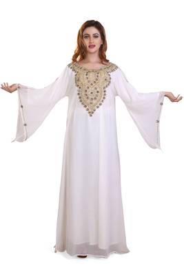 white moroccan ramadan islamic dubai kaftan farasha aari and stone work dress 1