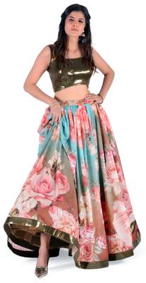 Pink Printed Art Silk Unstitched Lehenga Choli 1