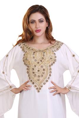white moroccan ramadan islamic dubai kaftan farasha aari and stone work dress 2