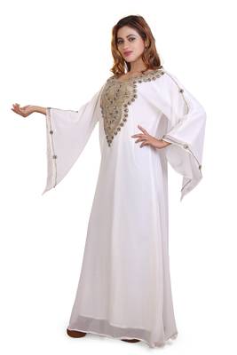white moroccan ramadan islamic dubai kaftan farasha aari and stone work dress 4
