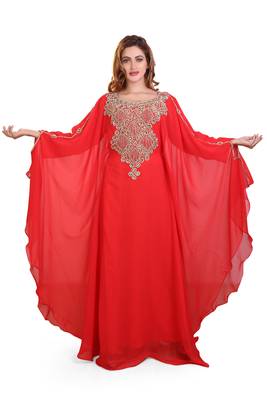 red embroidered georgette islamic kaftan ramadan karem dress 1