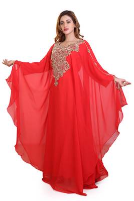 red embroidered georgette islamic kaftan ramadan karem dress 3