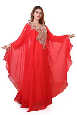 red embroidered georgette islamic kaftan ramadan karem dress 4