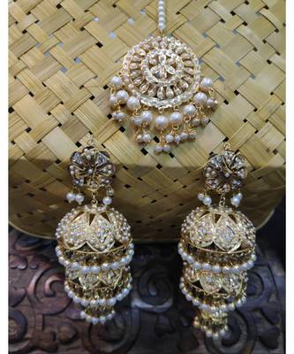 Kundan Pearl Gold Plated Jhumka Maang Tikka Set 1