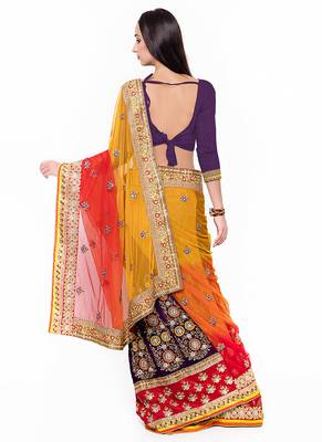 Magenta Embroidered Net Saree With Blouse 3