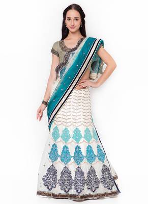 Cream Embroidered Net Saree With Blouse 1