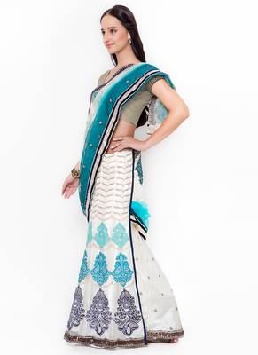 Cream Embroidered Net Saree With Blouse 2