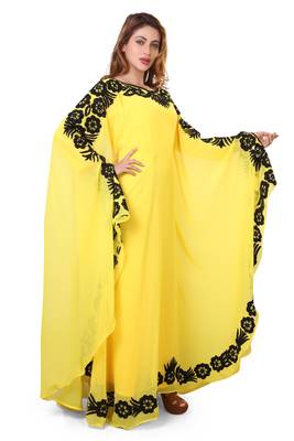 yellow moroccan islamic dubai kaftan farasha aari and stone work dress 1