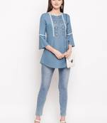 Blue Embroidery With Print  A-line Short kurti