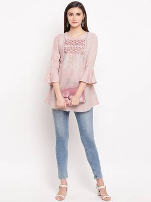 Peach Embroidery With Print  A-line Short kurti 1