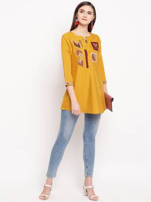 Mustard Embroidery With Print  A-line Short kurti 1