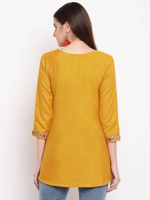 Mustard Embroidery With Print  A-line Short kurti 2