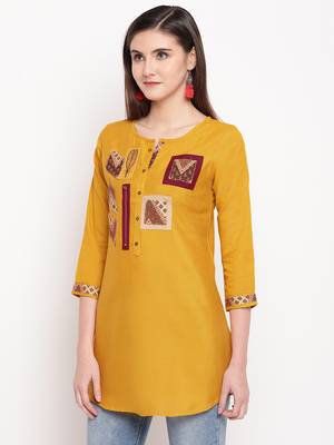 Mustard Embroidery With Print  A-line Short kurti 3