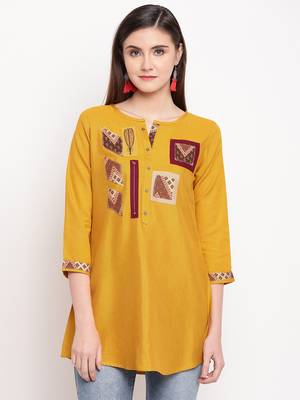Mustard Embroidery With Print  A-line Short kurti 4