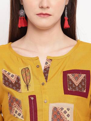 Mustard Embroidery With Print  A-line Short kurti 5