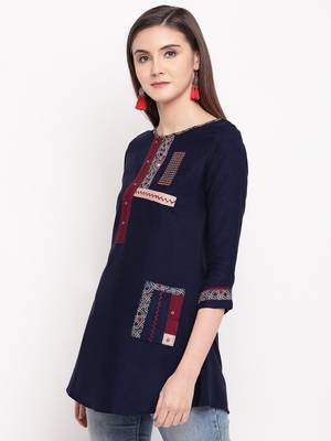 Navy Blue Embroidery With Print  A-line Short kurti 3