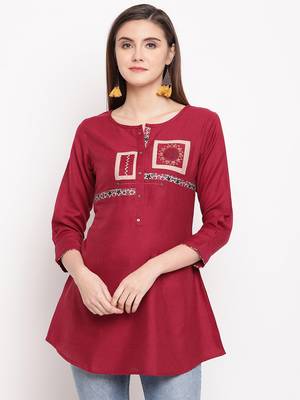 Maroon Embroidery With Print  A-line Short kurti 4