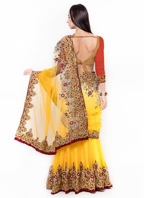 Yellow Embroidered Net Saree With Blouse 3