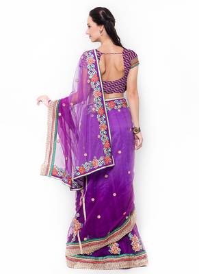 Purple Embroidered Net Saree With Blouse 3