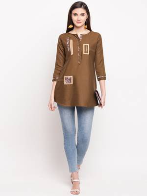 Olive Green Embroidery With Print  A-line Short kurti 1