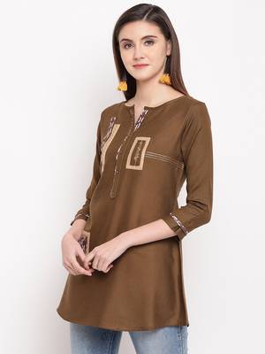 Olive Green Embroidery With Print  A-line Short kurti 3