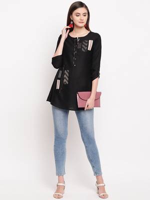 Black Embroidery With Print  A-line Short kurti 1
