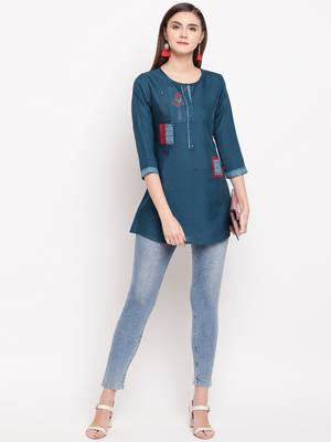 Teal Blue Embroidery With Print  A-line Short kurti 1