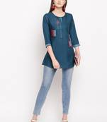 Teal Blue Embroidery With Print  A-line Short kurti