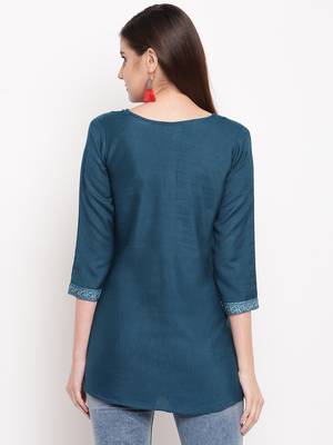 Teal Blue Embroidery With Print  A-line Short kurti 2